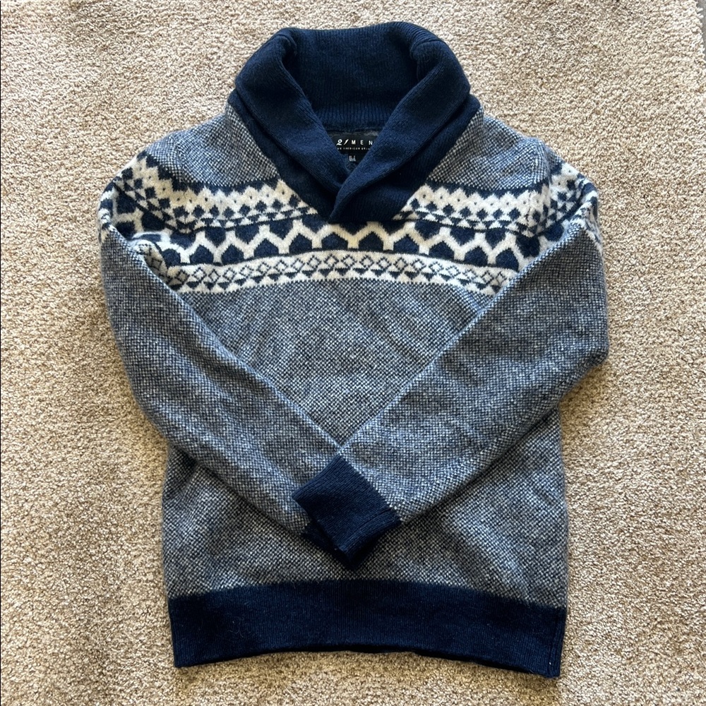 Fair Isle Style Wool Navy and White Sweater